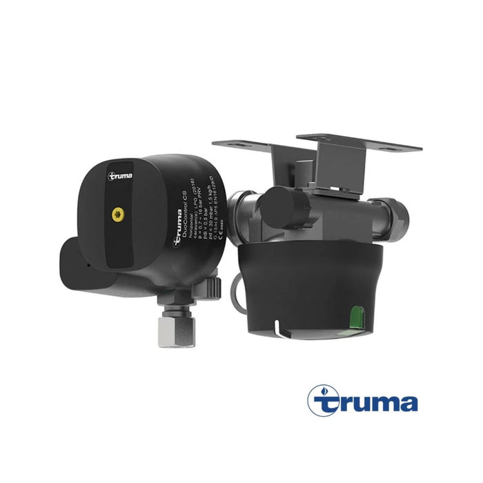 Regulador de gas Truma DuoControl CS en posición horizontal, sistema de seguridad para instalaciones de gas en autocaravanas.