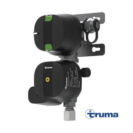 Regulador de gas Truma DuoControl CS en posición vertical, sistema de conmutación automática para instalaciones de gas en autocaravanas.