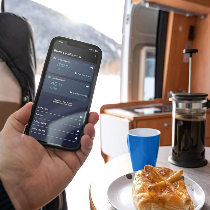 Aplicación móvil Truma LevelControl mostrando el nivel de gas de bombonas en tiempo real