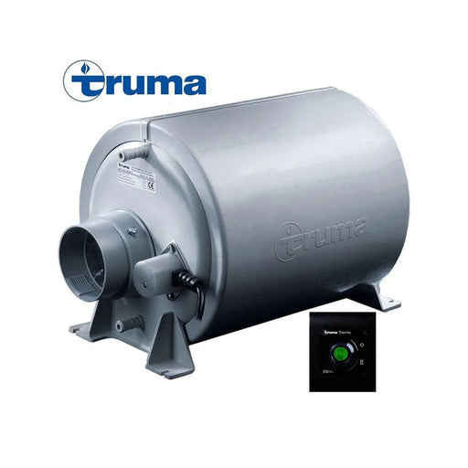 Vista frontal del calentador de agua Truma Therme 220V con logotipo y panel de control