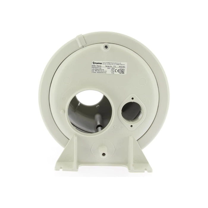 Etiqueta técnica y conexiones del contenedor Truma Therme 