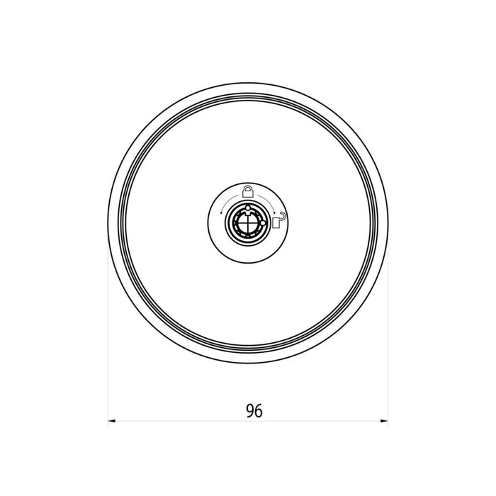 Plano técnico frontal de la cerradura Meroni UFO3 Comfort Negra con diámetro 96 mm.
