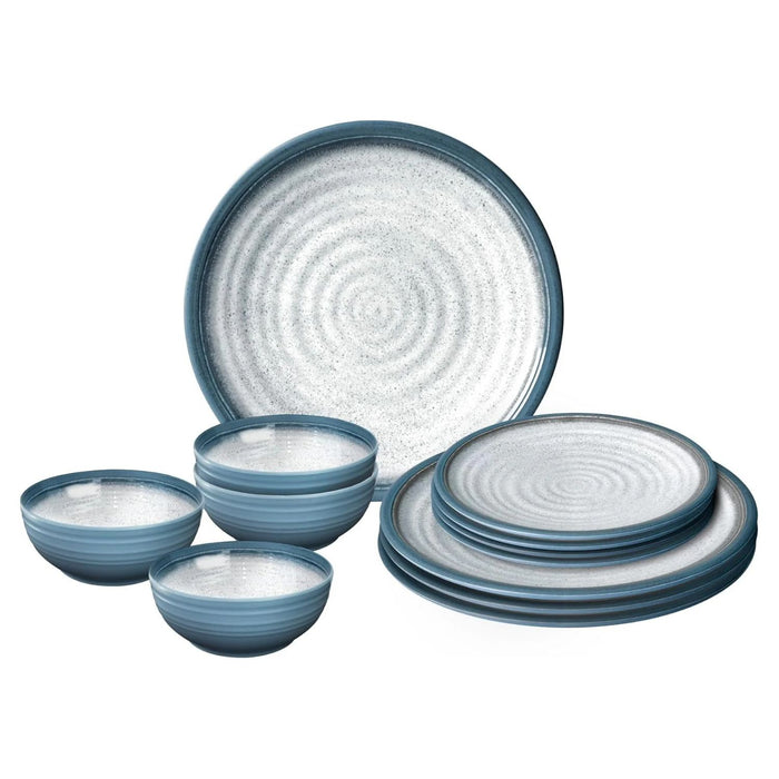 Set completo de vajilla Brunner Midday Tuscany de 16 piezas en melamina, diseño azul y gris con efecto piedra.