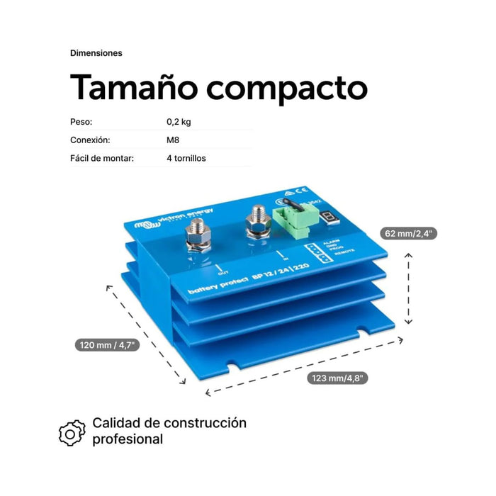 Dimensiones del Victron BatteryProtect BP 12/24 220 A con medidas y diseño compacto.