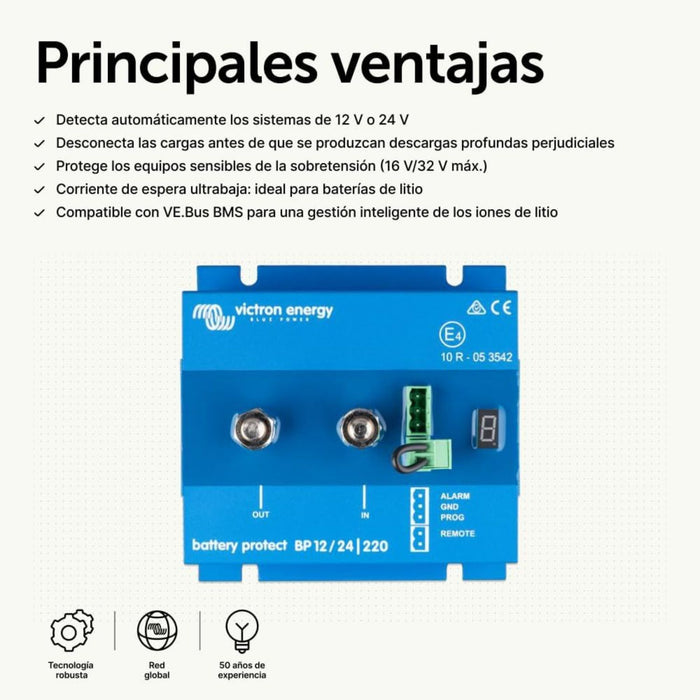 Ventajas del protector de batería Victron BatteryProtect BP 12/24 220 A para sistemas de 12 y 24 voltios.