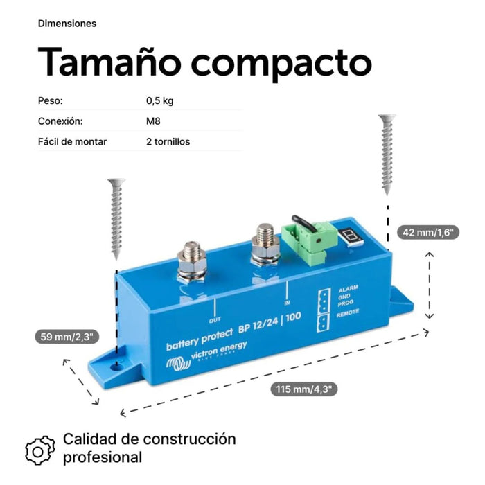 Dimensiones compactas del Victron BatteryProtect 12/24V 100A con medidas detalladas