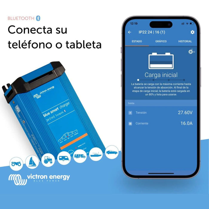 Cargador Victron Blue Smart 24V 16A con Bluetooth mostrando control desde aplicación móvil