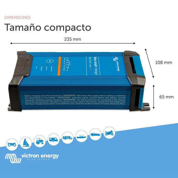 Dimensiones del cargador Victron Blue Smart 24V 16A con diseño compacto