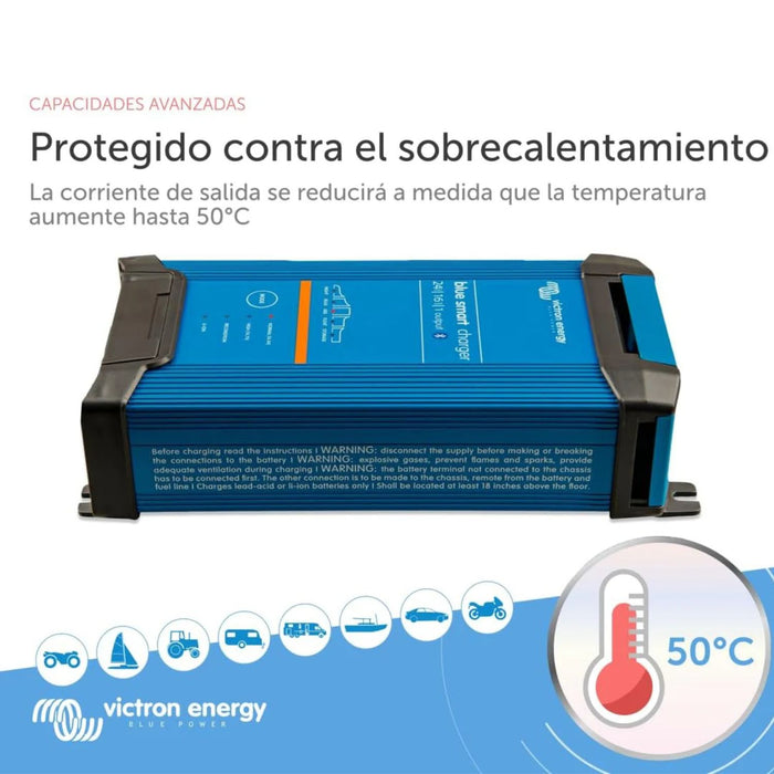 Cargador inteligente Victron Blue 24V 16A con protección contra sobrecalentamiento hasta 50 grados