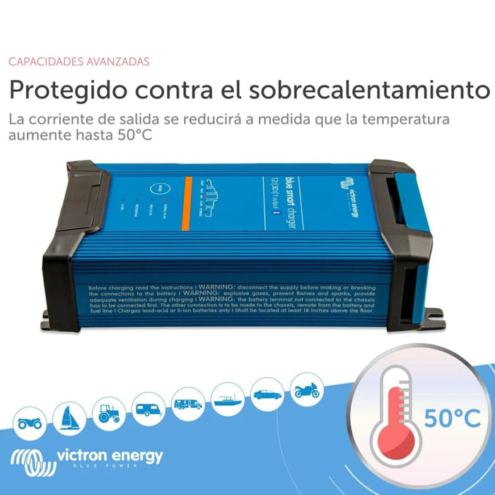 Cargador Victron Blue Smart IP22 12/30 con protección contra sobrecalentamiento y reducción de corriente a 50 grados Celsius.