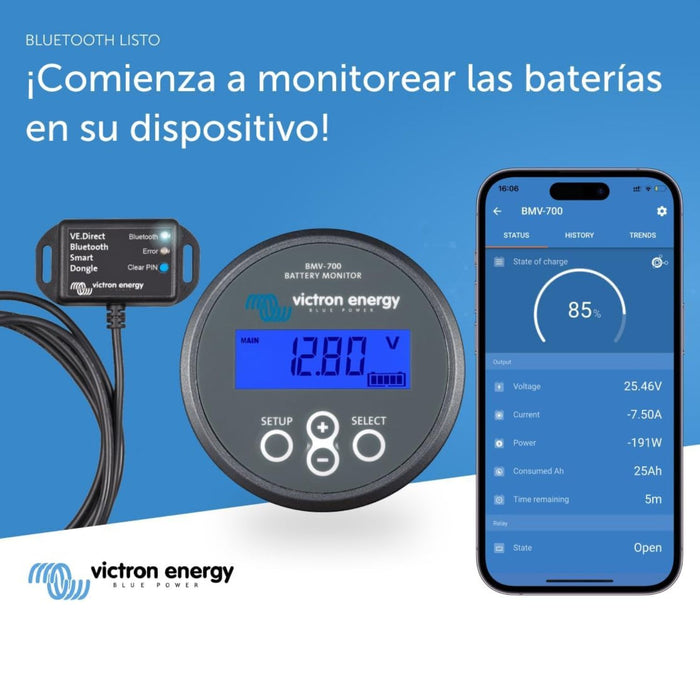 Monitor de batería Victron BMV-700 con dongle Bluetooth conectado a la aplicación móvil VictronConnect