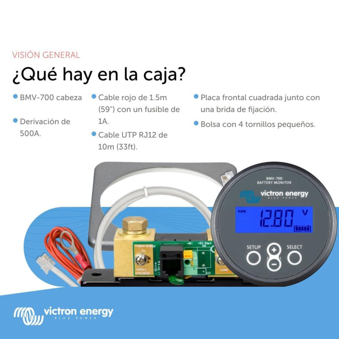 Contenido de la caja del monitor Victron BMV-700 con derivación shunt 500A y cables de instalación