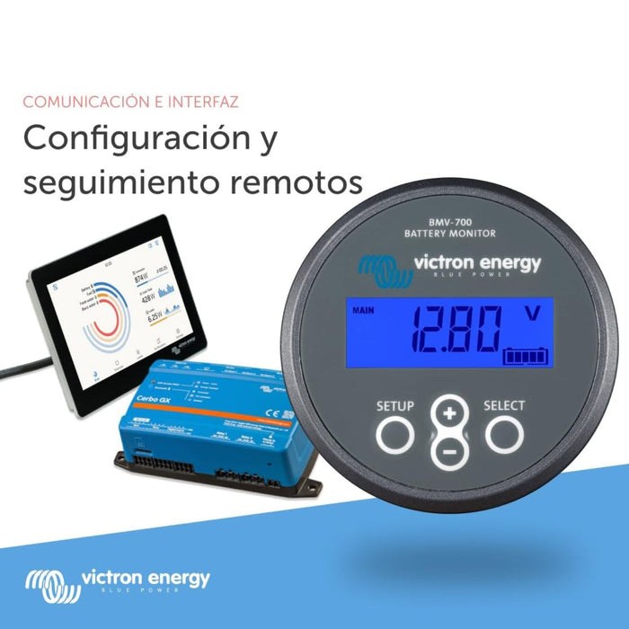 Monitor de batería Victron BMV-700 conectado a pantalla de seguimiento y módulo Cerbo GX