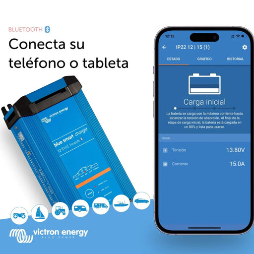Cargador Victron Energy Blue Smart IP22 12/15 conectado por Bluetooth a un teléfono móvil mediante VictronConnect