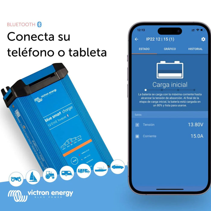 Cargador Victron Energy Blue Smart IP22 12/15 conectado por Bluetooth a un teléfono móvil mediante VictronConnect