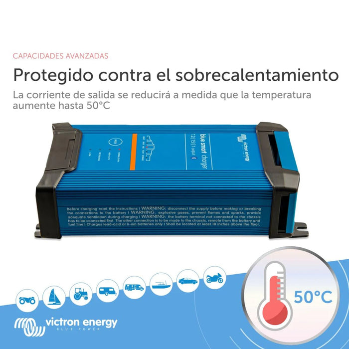 Cargador Victron Energy Blue Smart IP22 12/15 protegido contra sobrecalentamiento hasta 50 grados centígrados