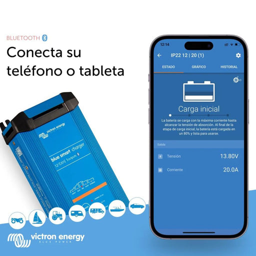 Cargador Victron Energy Blue Smart IP22 12/20 conectado por Bluetooth a un teléfono móvil mediante VictronConnect