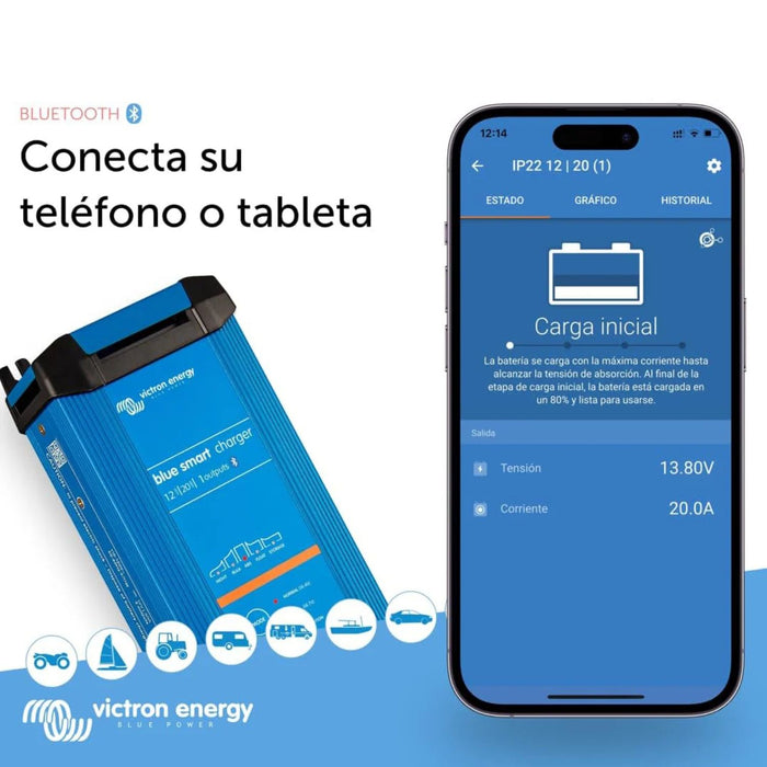 Cargador Victron Energy Blue Smart IP22 12/20 conectado por Bluetooth a un teléfono móvil mediante VictronConnect