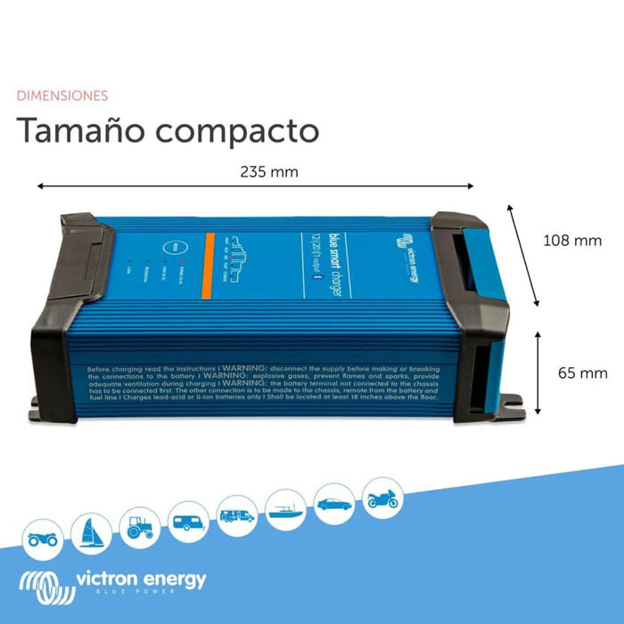 Dimensiones del cargador Victron Energy Blue Smart IP22 12/20 mostrando largo, ancho y alto