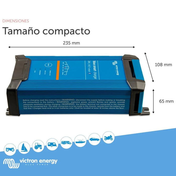 Dimensiones del Victron Energy Blue Smart IP22 24V 8A con medidas detalladas de 235 x 108 x 65 mm