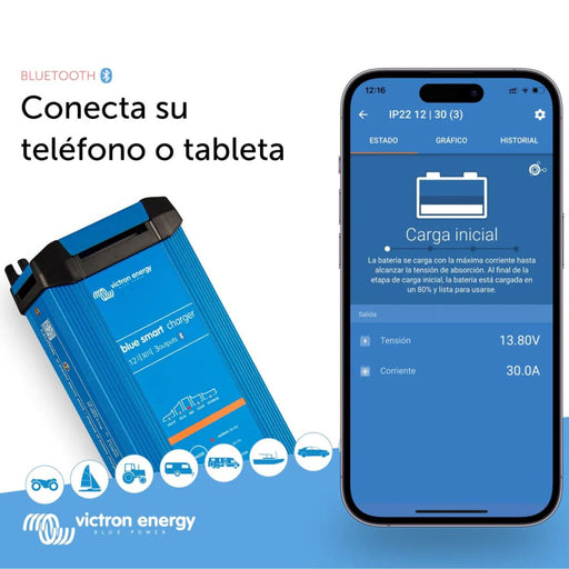 Control del cargador Victron Energy Blue Smart IP22 mediante aplicación Bluetooth en smartphone