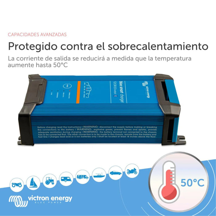 Cargador Victron Energy Blue Smart IP22 con protección contra sobrecalentamiento hasta 50 grados