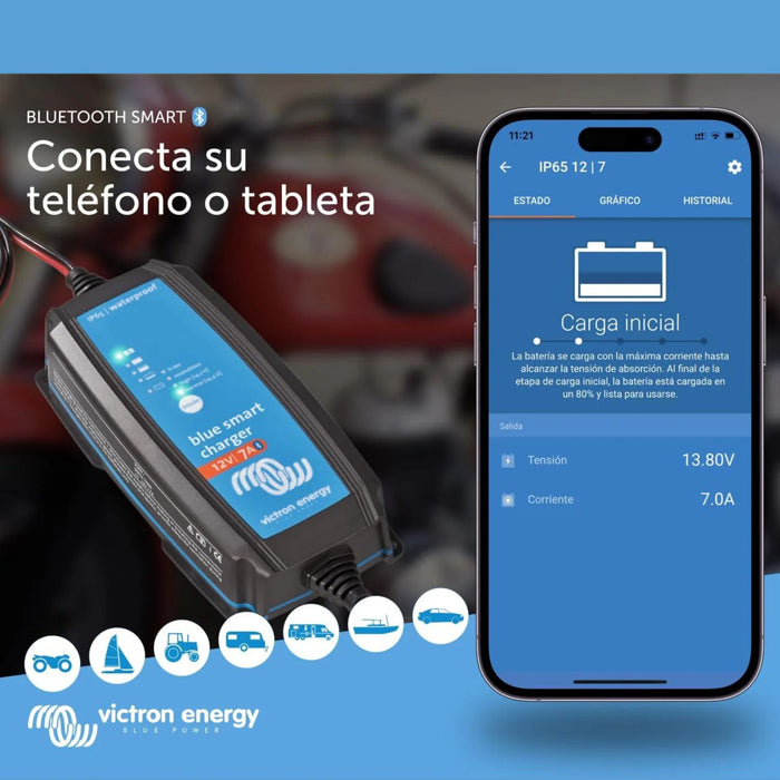Cargador Victron Energy Blue Smart IP65 12V 7A con conectividad Bluetooth para controlar desde teléfono o tableta