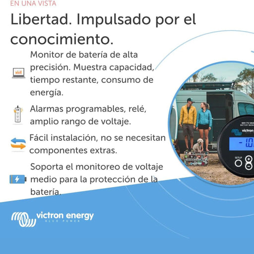 Lista de características del monitor Victron Energy BMV-712 Smart como rango de tensión, alarmas y precisión