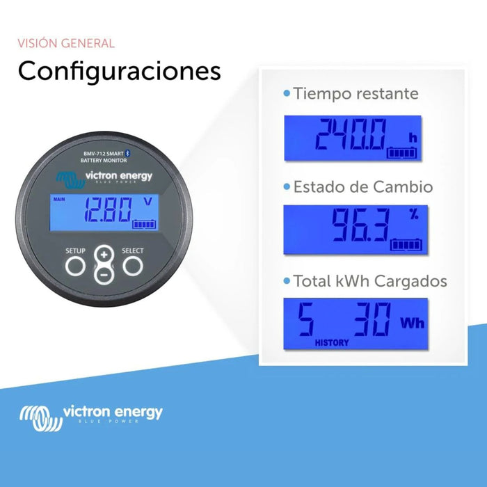 Lecturas del monitor Victron Energy BMV-712 Smart gris mostrando tiempo restante, estado de carga y energía acumulada