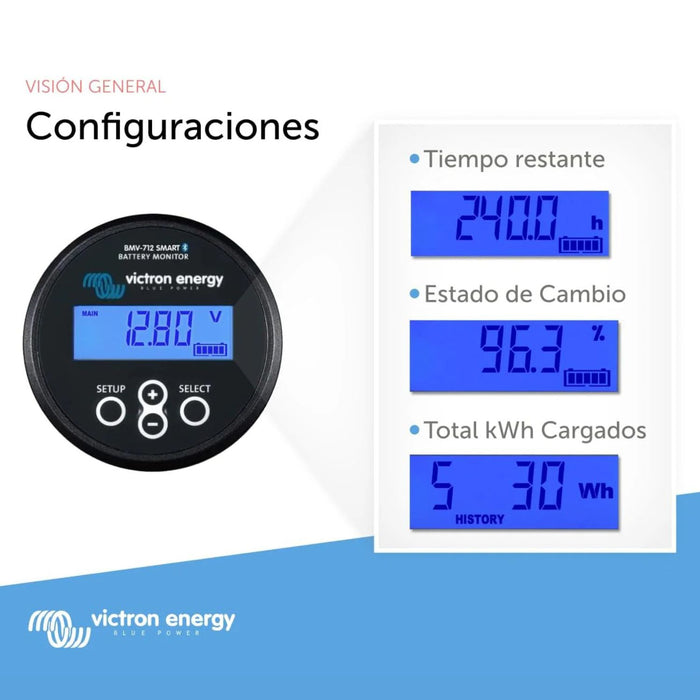 Lecturas y configuraciones del monitor de batería Victron Energy BMV-712 Smart mostrando tiempo restante y estado de carga