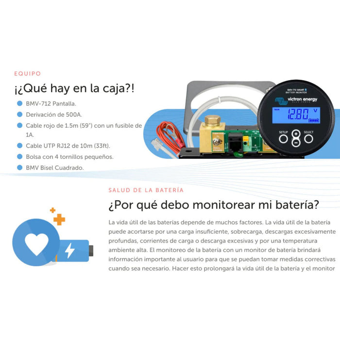 Contenido de la caja del Victron Energy BMV-712 Smart incluyendo pantalla, derivación de 500A y cables