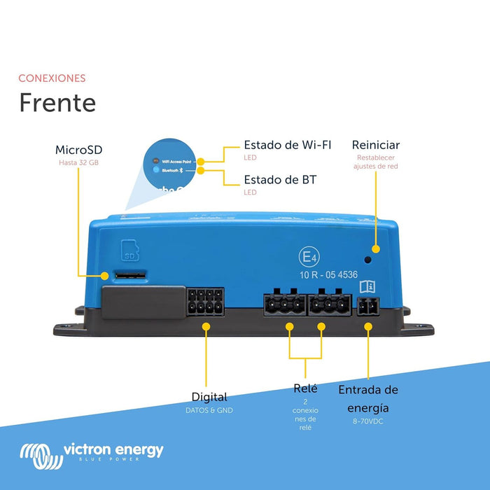 Conexiones frontales del Victron Energy Cerbo-S GX con MicroSD, relés, entrada de energía y LEDs de estado