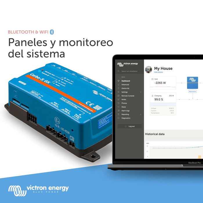 Victron Energy Cerbo-S GX mostrando paneles de monitorización del sistema por Bluetooth y WiFi