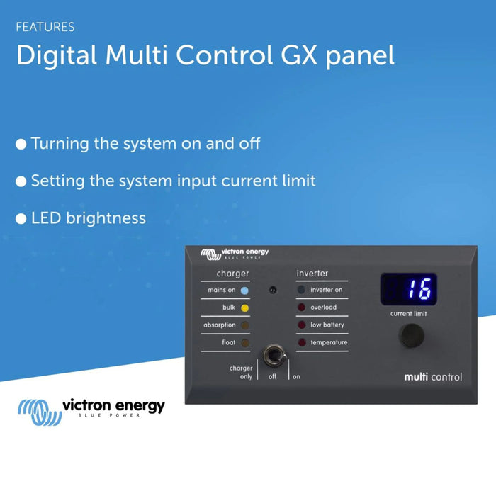 Panel Victron Energy Digital Multi Control GX mostrando características principales