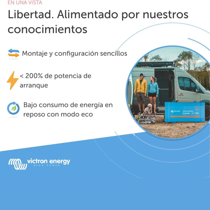 Características del inversor Victron Energy 500VA con modo eco, uso en camper o furgoneta