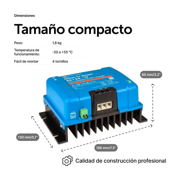 Dimensiones del cargador Victron Orion-Tr Smart 24/24-17 con medidas y diseño compacto