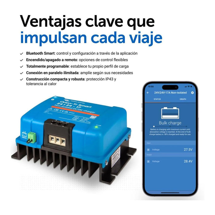 Cargador Victron Orion-Tr Smart 24/24-17 mostrando ventajas clave y control Bluetooth Smart