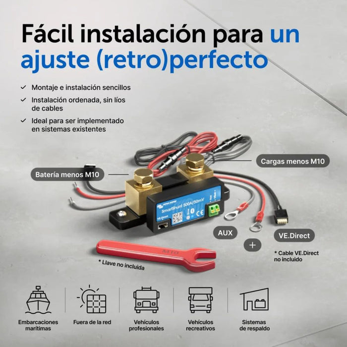 Componentes y conexiones del Victron SmartShunt 500A resaltando su fácil instalación