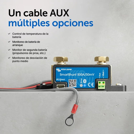 SmartShunt 500A de Victron Energy mostrando cable AUX y opciones de monitoreo adicionales