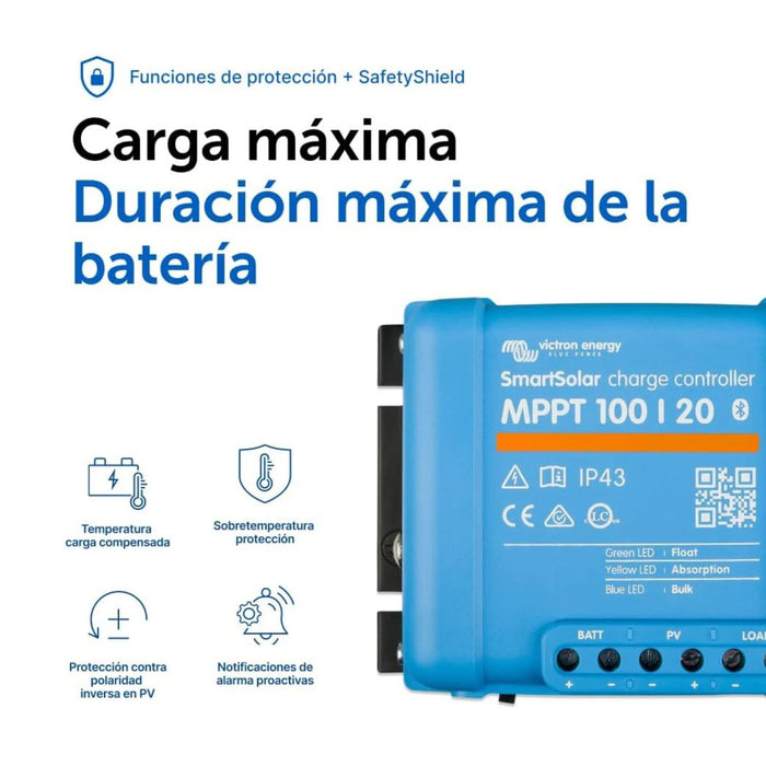 Funciones de protección SafetyShield del controlador solar Victron SmartSolar MPPT 100/20