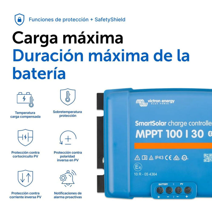 Funciones de protección SafetyShield del controlador solar Victron SmartSolar MPPT 100/30