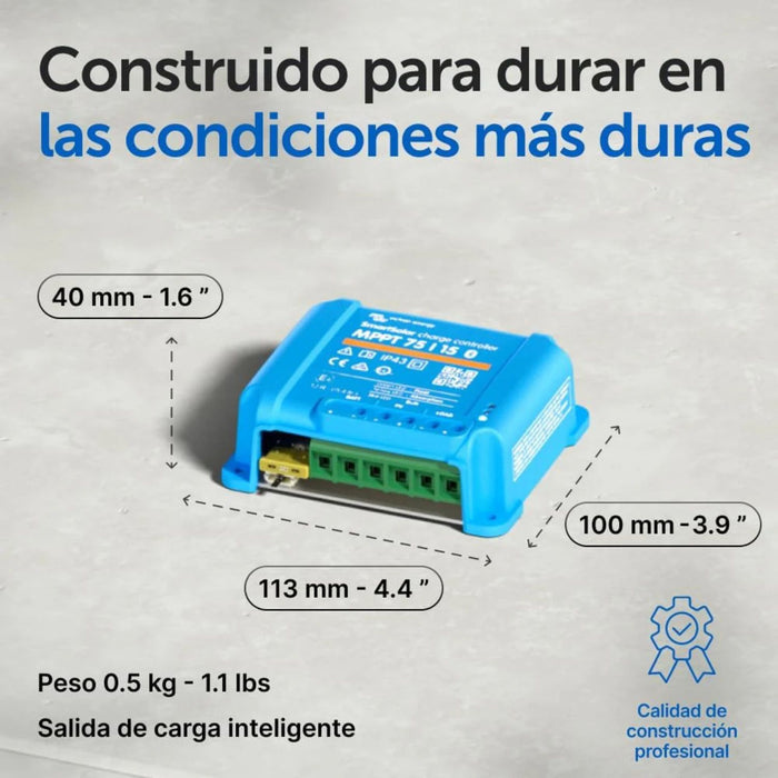 Dimensiones del controlador solar Victron SmartSolar MPPT 75/15 con medidas en milímetros y pulgadas