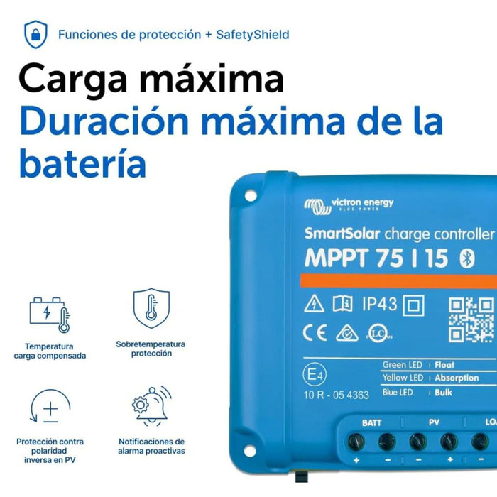 Controlador solar Victron SmartSolar MPPT 75/15 con funciones de protección y SafetyShield