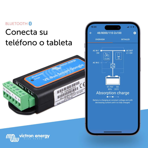 Victron Energy VE.Bus Smart Mochila conectada por Bluetooth a la app VictronConnect en móvil