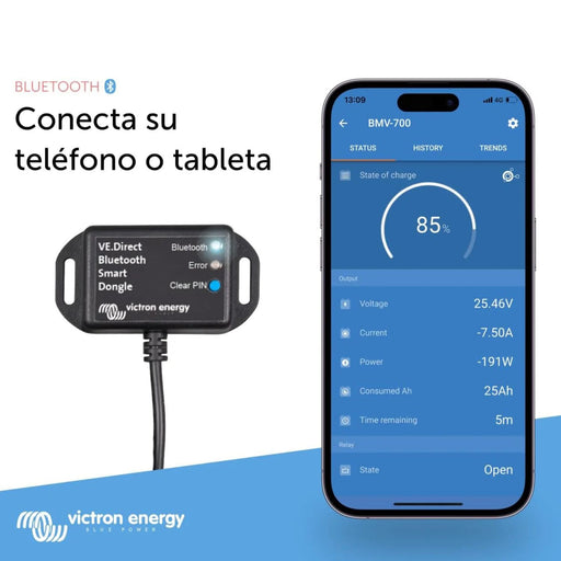Llave VE.Direct Bluetooth Smart conectada a teléfono móvil mediante la aplicación VictronConnect