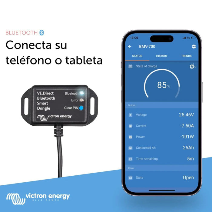 Llave VE.Direct Bluetooth Smart conectada a teléfono móvil mediante la aplicación VictronConnect