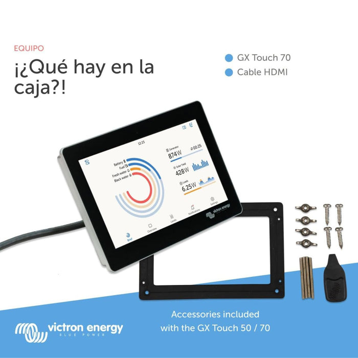 Contenido de la caja de Victron GX Touch 70 con marco de fijación, cable y accesorios de montaje
