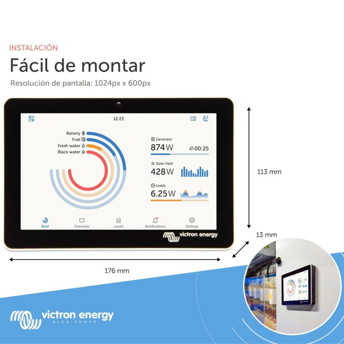 Dimensiones de 176x113 mm y montaje en pared de la pantalla táctil Victron GX Touch 70