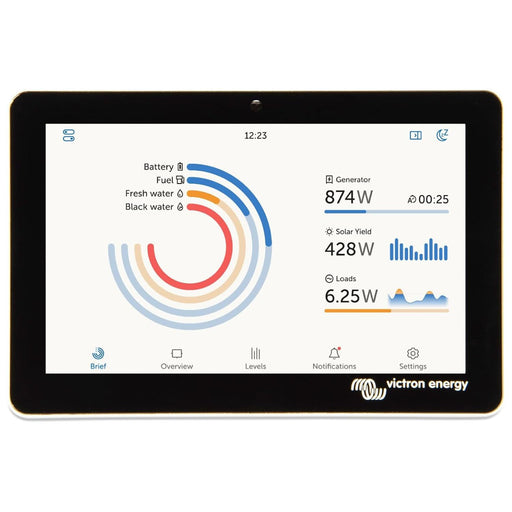 Pantalla táctil Victron Energy GX Touch 70 mostrando la interfaz de monitoreo del sistema