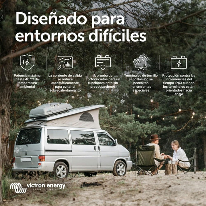 Cargador Victron Orion Smart 30A mostrado en entorno de camping con características de durabilidad